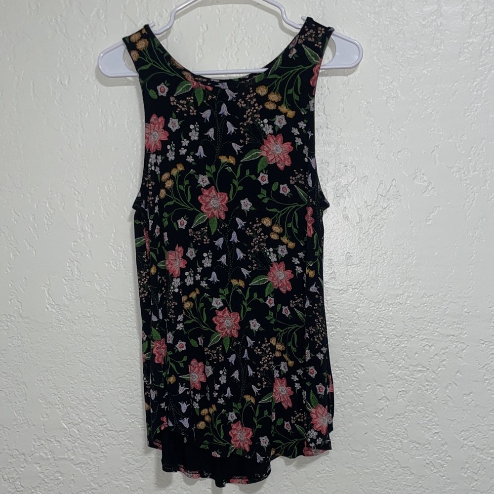 Old Navy Black Floral Tank with Pink & Green Print